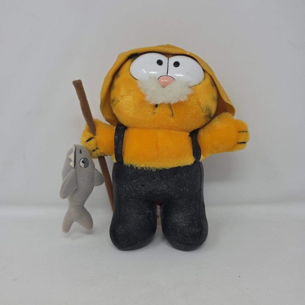 Vintage 1981 Garfield Shark Fisherman Dakin Plush 10" "The Big Catch" - Overalls